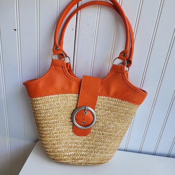 Axiz 100% Straw Purse Orange Beach Tote Use With Straw Hat For That Sunny Day - Picture 1 of 9
